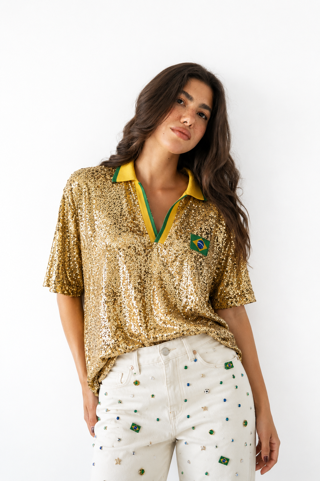 Camisa Polo Paetê Brasil Brilho