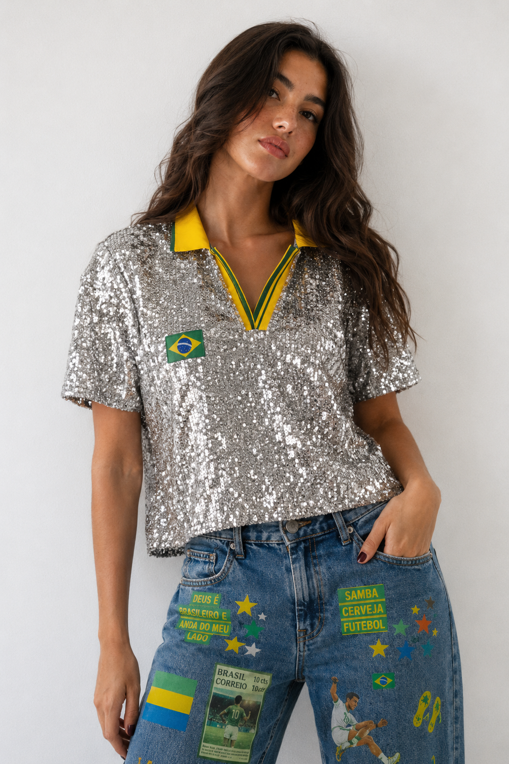 Camisa Polo Paetê Brasil Brilho Prata