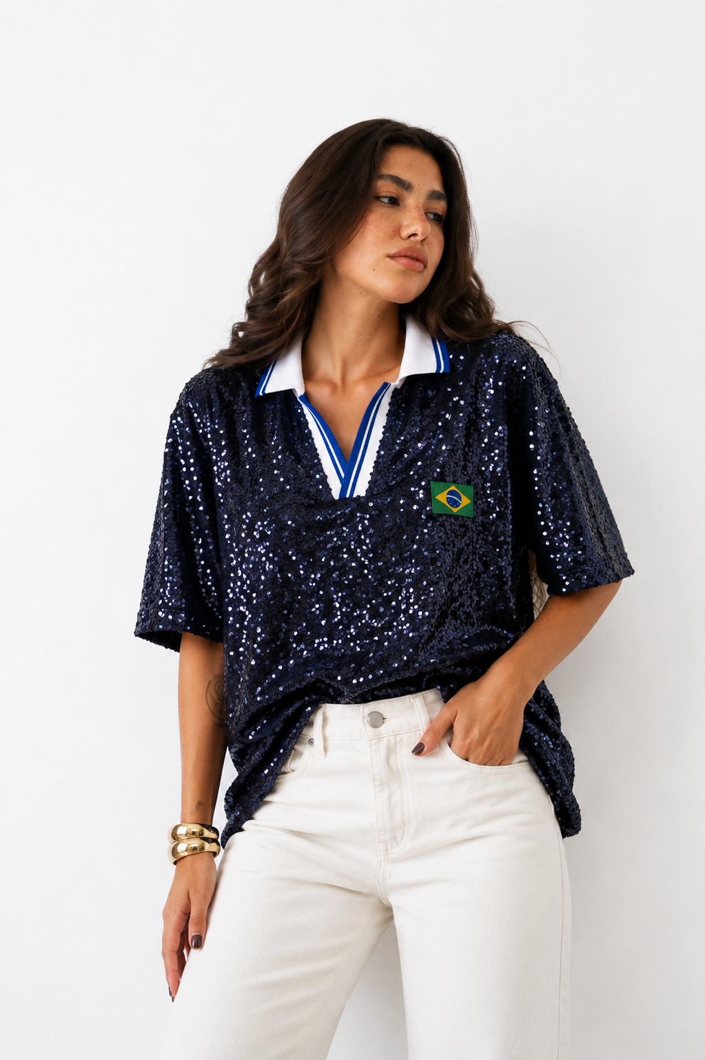 Camisa Polo Paetê Brasil Brilho Azul