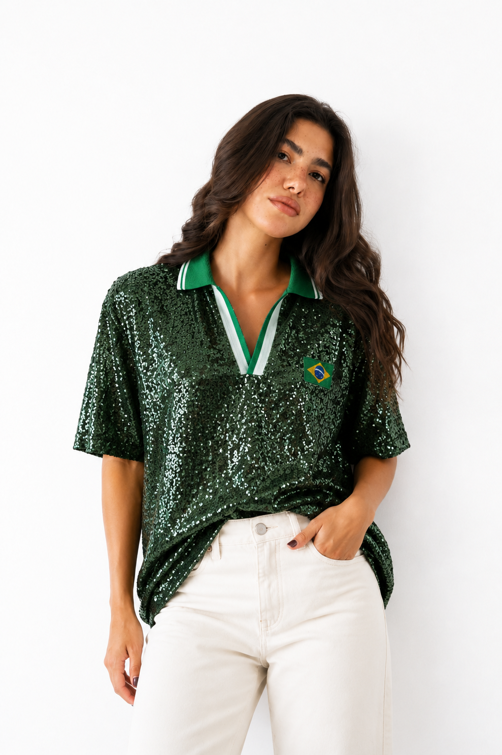 Camisa Polo Paetê Brasil Brilho Verde